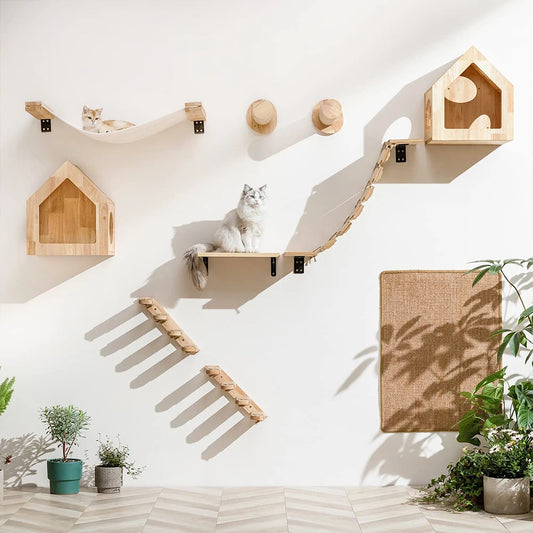 Cat Climbing Staircase & Scratching Post with Wall-Mounted Bed & Hideout